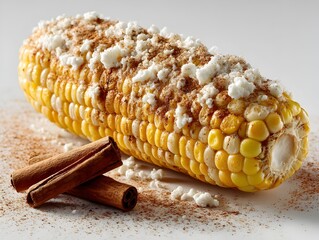 A delicious grilled corn on the cob is topped with crumbled cotija cheese and cinnamon sugar for a sweet and savory treat.