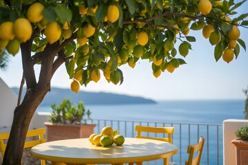Lemon Tree at Seaside Terrace with Yellow Table & Chairs and Lemons on It