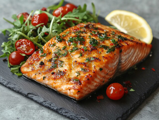 Grilled Salmon Fillet with Arugula and Cherry Tomatoes. Juicy grilled salmon fillet served on a slate plate with fresh arugula, cherry tomatoes, herbs, and a lemon wedge.