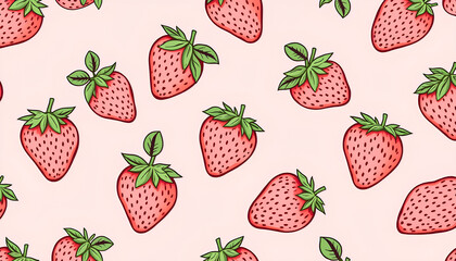 Seamless pattern of hand-drawn strawberries with leaves, repeating on a soft pastel pink background 2
