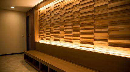Modern Interior with Wood Wall Paneling Texture and Integrated Bench Seating Design