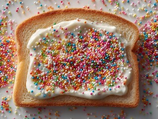 A slice of toasted bread topped with creamy frosting and colorful sprinkles for a sweet breakfast treat.