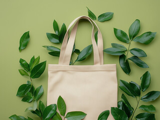Reusable Tote Bag with Green Leaves on Pastel Background. Eco-friendly beige tote bag surrounded by fresh green leaves on a soft green background, symbolizing sustainability and natural living.