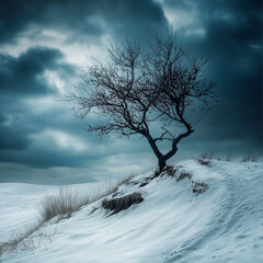 Solitary Tree on Snow Dunes Under Overcast Sky