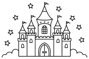 Obraz premium Fairytale castle with flags atop towers stands amid sparkling stars and dreamy clouds