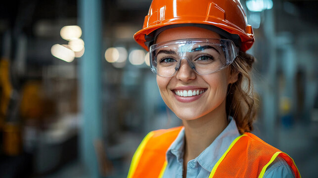 Smiling female engineer on-site wearing a hard hat, high-visibility vest, and full PPE