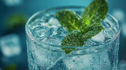  Refreshing Cold Drink with Mint and Ice Cubes. Close-up of a cold sparkling beverage with ice cubes and fresh mint leaves in a clear glass on a blue background.