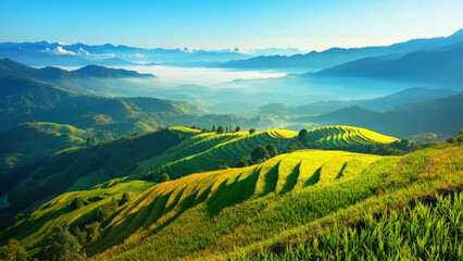 Fototapeta premium Beautiful landscape of lush green rice terraces with misty mountains under a bright blue sky