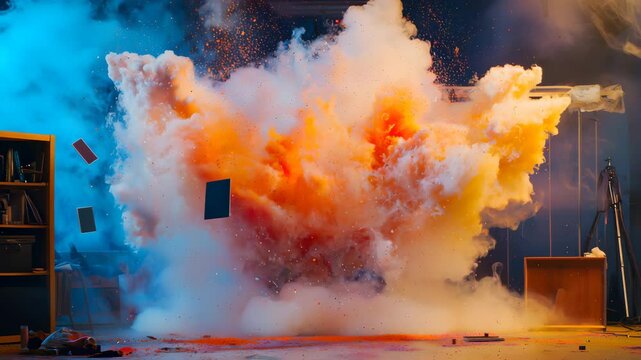 floating smoke chaos art floating pixel particles explosion in room, floating pixel particles during blast, floating pixel particles captured in real scene. colorful blast indoor scene