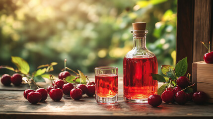 Cherry Liqueur in Glass and Bottle on Wooden Table. Rustic still life with a bottle and glass of red cherry liqueur, fresh cherries, and soft sunlight on a wooden table in a garden setting.