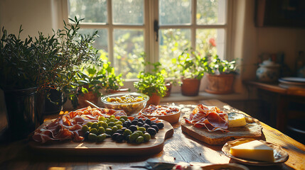 Rustic Antipasto Platter by Sunny Window. A rustic wooden table laden with an inviting antipasto spread, featuring cured meats, olives, and cheese, bathed in warm sunlight streaming through a traditio