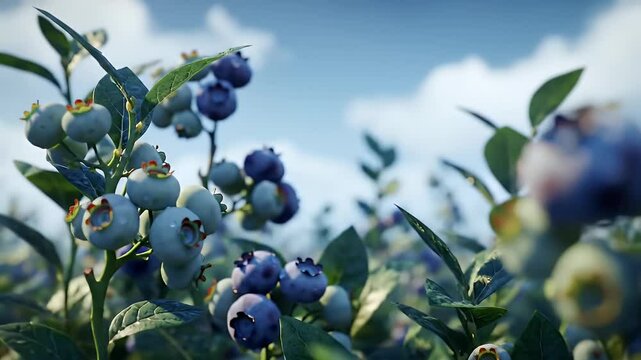Closeup of Ripe Blueberries on a Bush Against a Blurred Sky on a Sunny Day