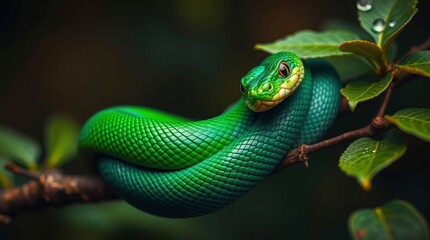 Fototapeta premium Emerald Green Snake Coiled on Branch: Lush, Vibrant Nature Photography