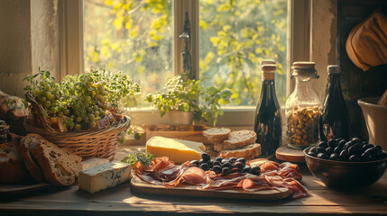 Rustic Italian Antipasto Spread by a Sunny Window
