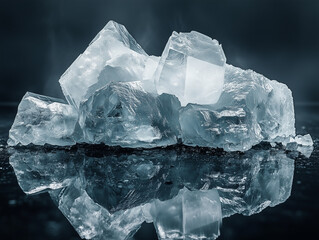  Abstract Ice Crystals with Reflection. A close-up, abstract shot of irregular ice crystals with a clear reflection on a dark, wet surface, emphasizing their cool blue and white tones and intricate te