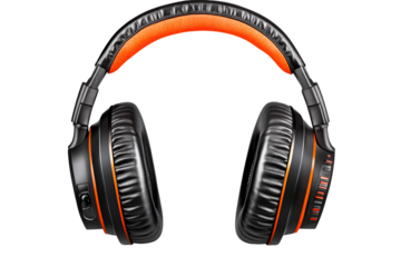 Black headset with orange trim, studio equipment, cutout transparent