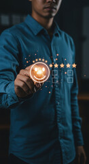  Customer Satisfaction: Man Giving Positive Feedback with Glowing Stars & Smiley. Boost Your Business Ratings Today!