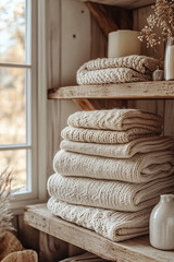 Cozy Knitted Blankets on Rustic Wooden Shelf. A stack of neatly folded, soft knitted blankets in natural tones, displayed on a rustic wooden shelf next to a window, creating a warm and cozy atmosphere