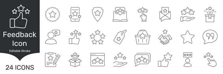 Feedback And Rating Line Icon Set. Customer Satisfaction, Review, And Quality Assurance Outline Symbol Collection. User Experience And Evaluation. Editable Stroke. Isolated Vector Illustration