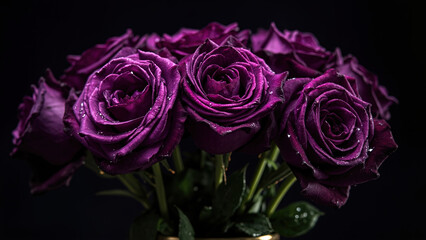 Elegant bouquet of deep purple roses with water droplets against a black background