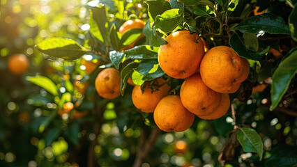 Close up view of ripe oranges growing on a tree branch with green leaves and sunlight