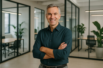 Fototapeta premium Confident Mature Businessman Smiling in Modern Office Workspace