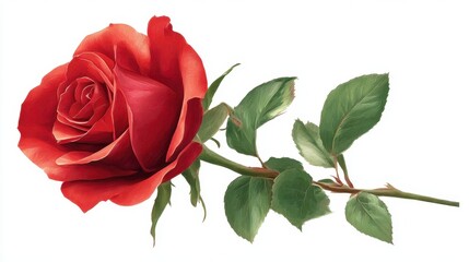 Naklejka premium Beautiful red rose with lush green leaves on a white background showcasing the elegance and timeless nature of this classic flower for art and design projects