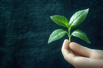 Young sprout in hand on dark surface