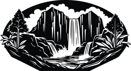Waterfall Scene Silhouette, Nature Landscape Vector, Water Flow Clipart, Mountain Forest Waterfall SVG