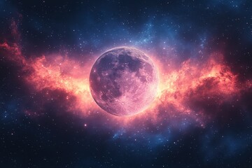 Captivating Cosmic Landscape Showcasing the Mysteries of the Universe With a Vibrant Moon Amidst Swirling Nebulae and Starlit Sky