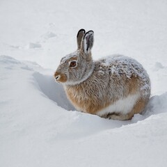 A mountain hare curled in snow burrow, clean white backdrop