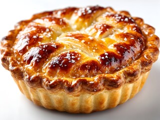 A delicious golden-brown pie with a lattice crust is presented on a white background ready to be served.