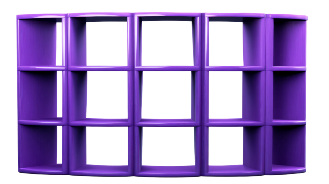 Violet modular shelving unit, empty compartments, isolated, cut out transparent