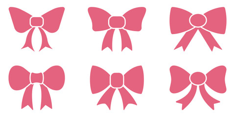 Pink Bow Silhouette Icon Set. Decorative Ribbon, Gift Wrapping, And Fashion Accessory Symbol Collection. Elegant And Festive Design Elements. Isolated Vector Illustration