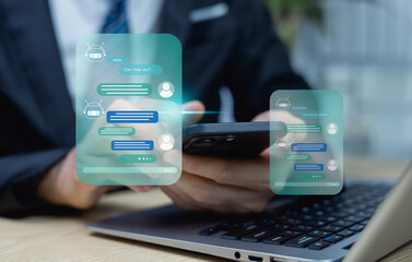 Businessmen use a Chatbot AI mobile app that uses Chatbot artificial intelligence to automatically...