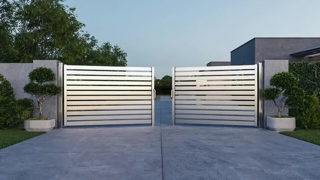 Double gate in front of modern homes.