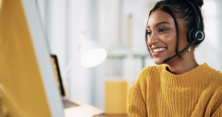 Plakat Call center, agent and woman with headset, listening and communication with microphone, online and happy. Office, customer service and person with tech for order, talking or representative with smile