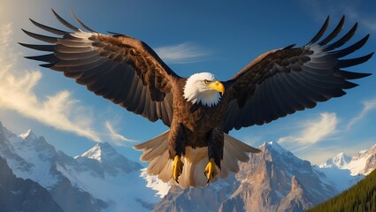 Obraz premium Majestic Eagle Soaring: An imposing bald eagle with outstretched wings soars gracefully against a backdrop of snow-capped mountain peaks and a vast, vibrant blue sky, exuding power and freedom.