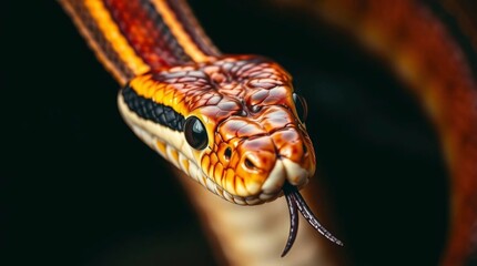 Fototapeta premium Striped Snake Portrait: A Close-Up, Dramatic Reptile Image