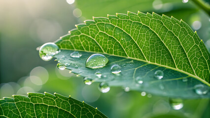 water drops on leaf, a close up macro photograph of fresh green leaves
