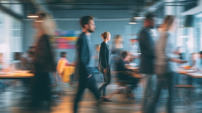 Busy Office Environment with Professionals Engaged in Work and a Woman Walking Through a Dynamic Workplace Scene