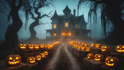 Spooky Halloween Mansion: A haunting scene unfolds as an illuminated haunted house stands amidst a foggy night, a path lined with carved pumpkins lead toward it, exuding an eerie atmosphere.