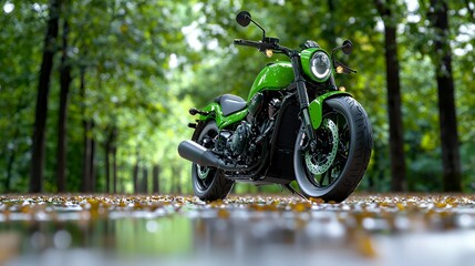 Green Motorcycle Parked on Path