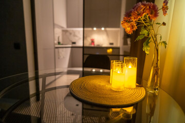 Candles, Apartment, Evening: Cozy Dinner Table Setting, Illuminated Kitchen Background
