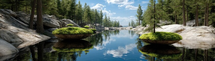 Obraz premium Scenic view of lake in pine forest with rock and trees concept. Serene lakeside view surrounded by lush trees and rocks.