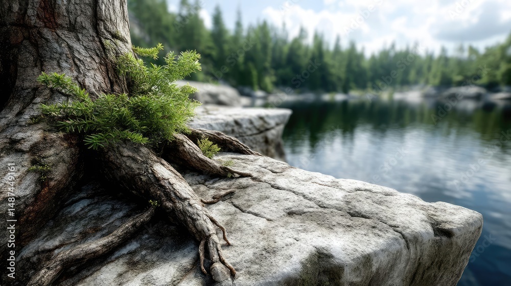 Poster Scenic view of lake in pine forest under peaceful nature concept. A serene lakeside view with tree roots and foggy forest backdrop.