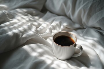 Coffee and sunlight on white bedsheets
