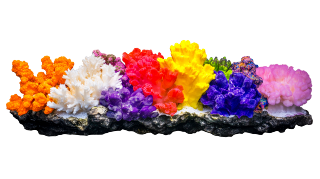 Colorful decorative aquarium coral on rock formation, cut out transparent - Powered by Adobe