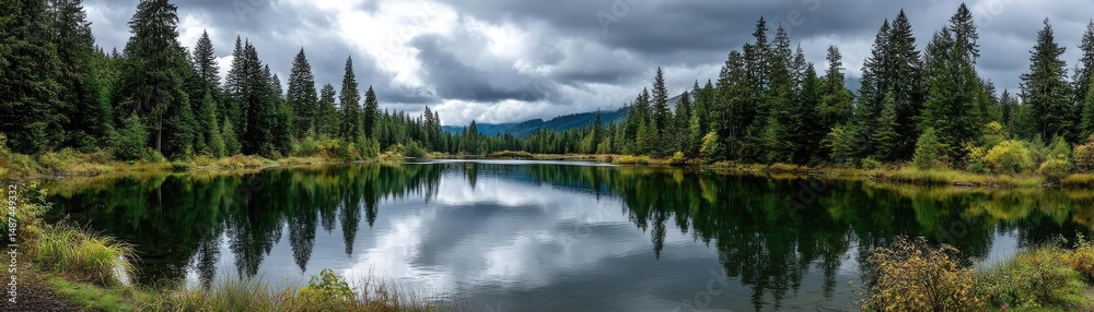Poster scenic view of lake in pine forest under cloudy blue sky concept. serene lake reflecting lush trees 