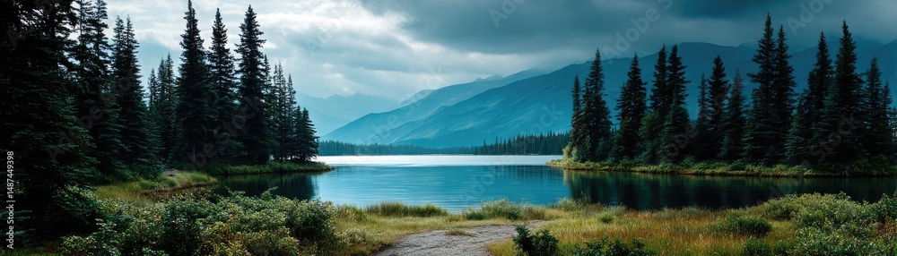 Poster scenic view of lake in pine forest under cloudy blue sky concept. serene lake surrounded by majestic